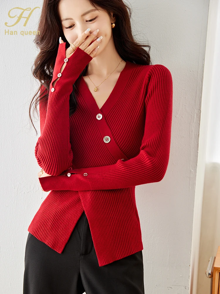 H Han Queen Autumn Winner Fashion Vintage Red Pullover Sweater Womens Vintage Casual Tops Women Basic Knitted Pullovers