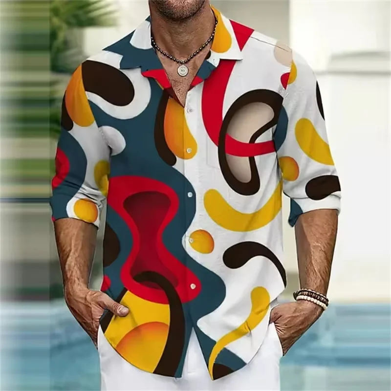 New men's long sleeved shirt, casual slim fit button down collar shirt, artistic geometric pattern shirt, men's fashionable top