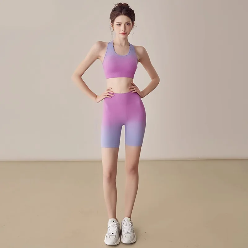 JHJN 2-teiliges Set Yoga-Kleidung für Frauen Dopamin-Farbverlauf-Sportanzug Großer Outdoor-Laufzug Elastischer Fitness-Anzug