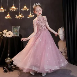 Pink Girls Dress Sequined Kids Pageant Gown Birthday Party Host Piano Costume Girls Evening Dress Vestidos Teen Ceremony 14 Year