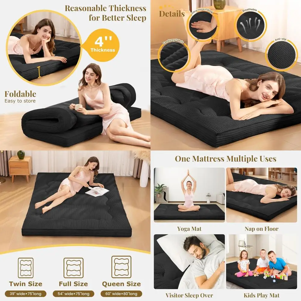 4 Thick Japanese Futon Mattress, Full Size Foldable Floor Bed, Corduroy Tatami Sleeping Pad for Adults, Black