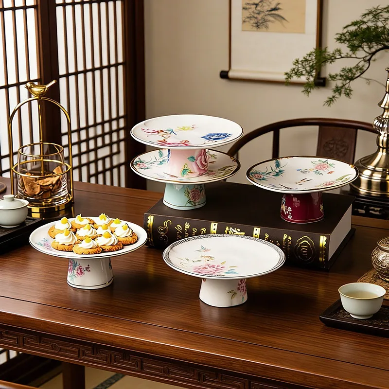 Golden Stroke High Footed Fruit Plate Chinese Modern Painted Flowers Birds Decorative Dried Nut Plates Afternoon Tea Tableware