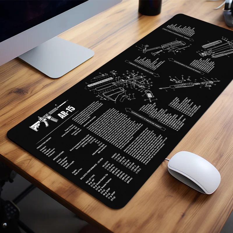 AR15 Gun Pattern Mouse Pad Black Large Desk Pad Computer Keyboard Desk Mat with Non-Slip Rubber Base Stitched Edge for Office