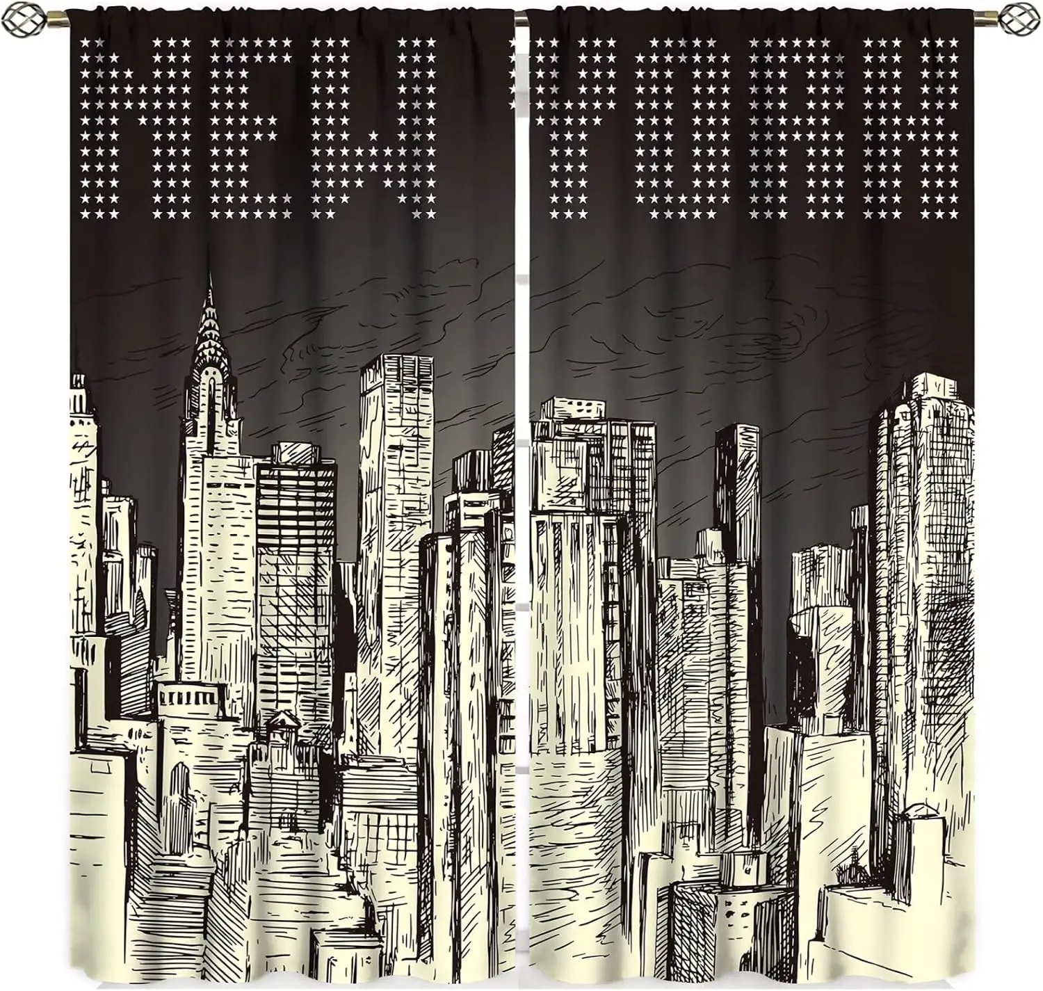 Grey NYC Night Skyline Curtains, Modern Urban Panorama 2 Panels Drapes for Bedroom Living Room Window Decor