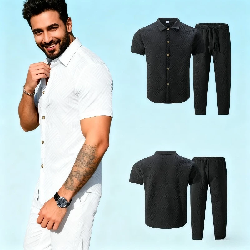 

2025 мужской летний жаккардовый комплект из 2 предметов, рубашка с коротким рукавом и брюки, повседневная однотонная спортивная одежда, уличные костюмы