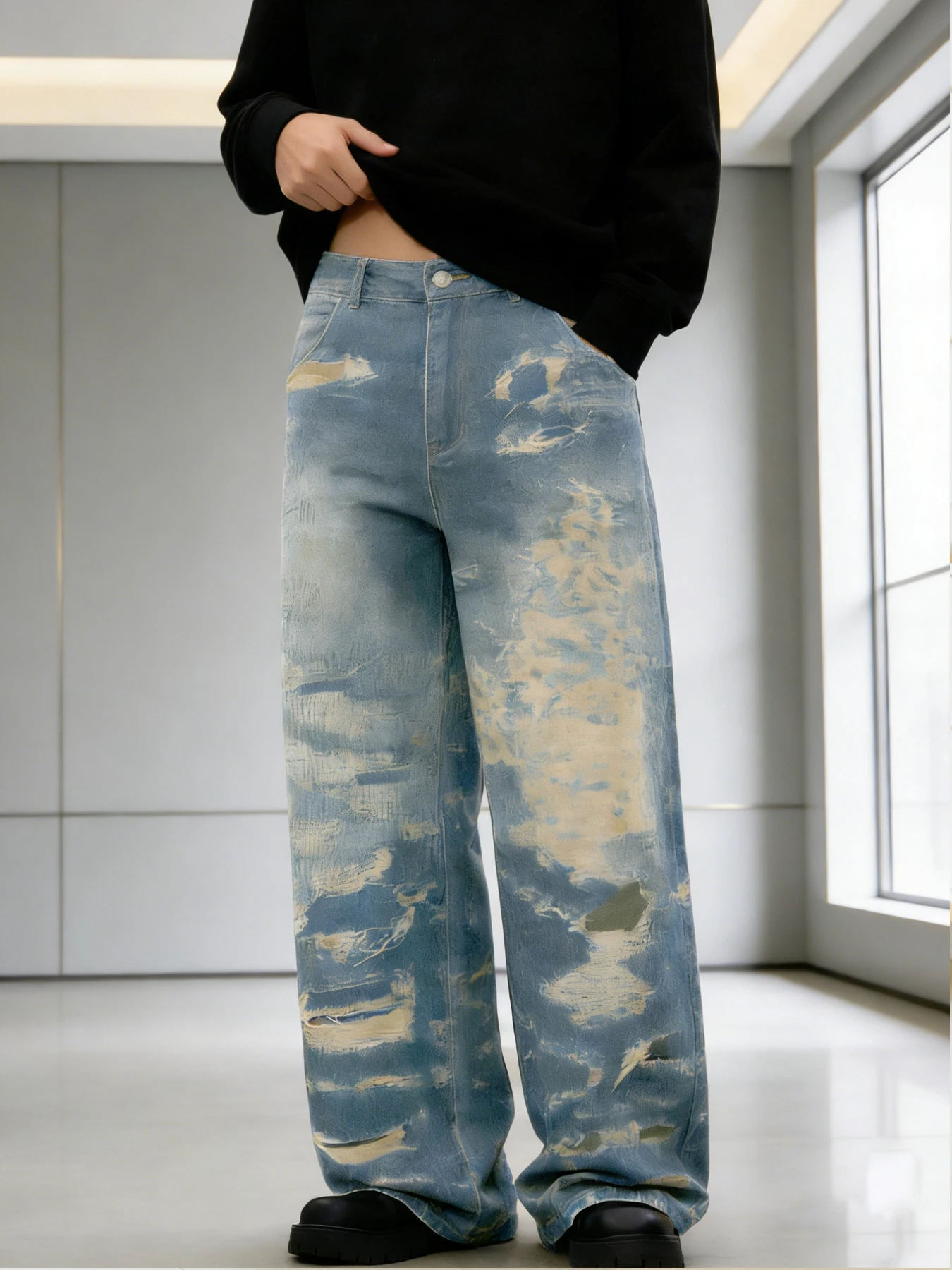 

Модные брендовые джинсы с эффектом потертости, мужские винтажные джинсы с эффектом поношенности, свободные широкие брюки в пол в стиле high street.