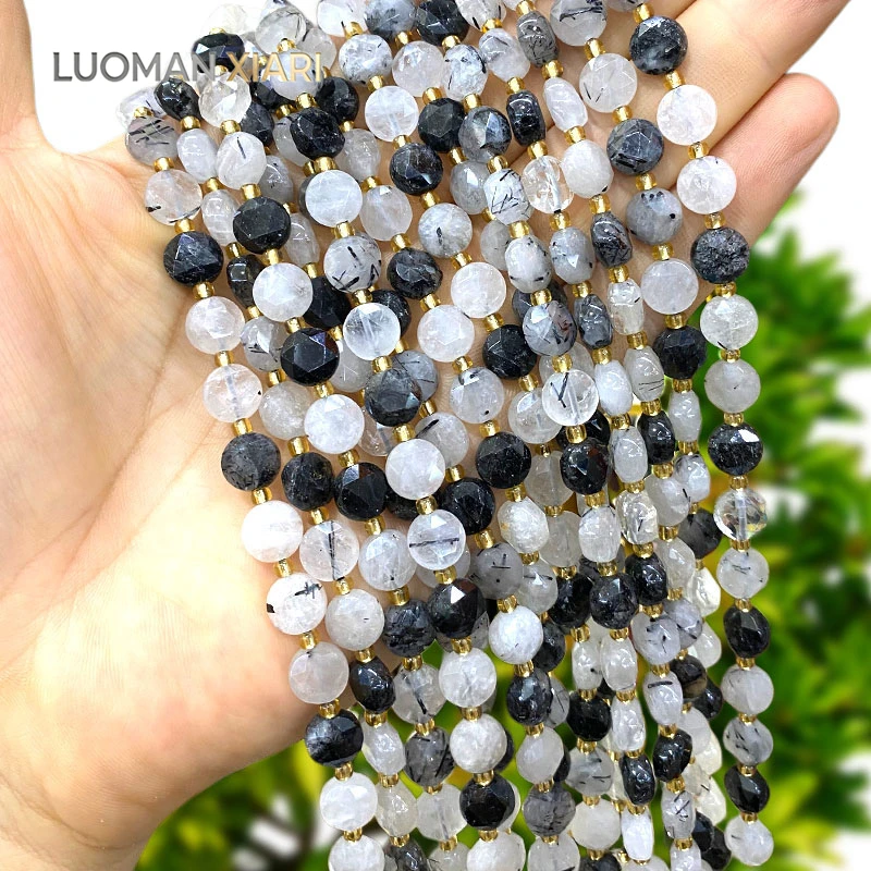 Großhandel 8mm Facettierte Rondelle Naturstein Turmalin Rutilquarz Zwischenperle für Schmuckherstellung DIY Armband Zubehör – Detail 2