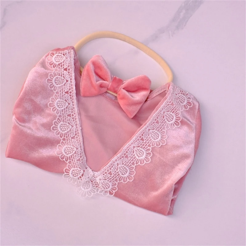 Newborn Photo Props Flower Headband Backless Jumpsuit Posing Clothes Baby Photography Suit Princess Dress Infant Costume