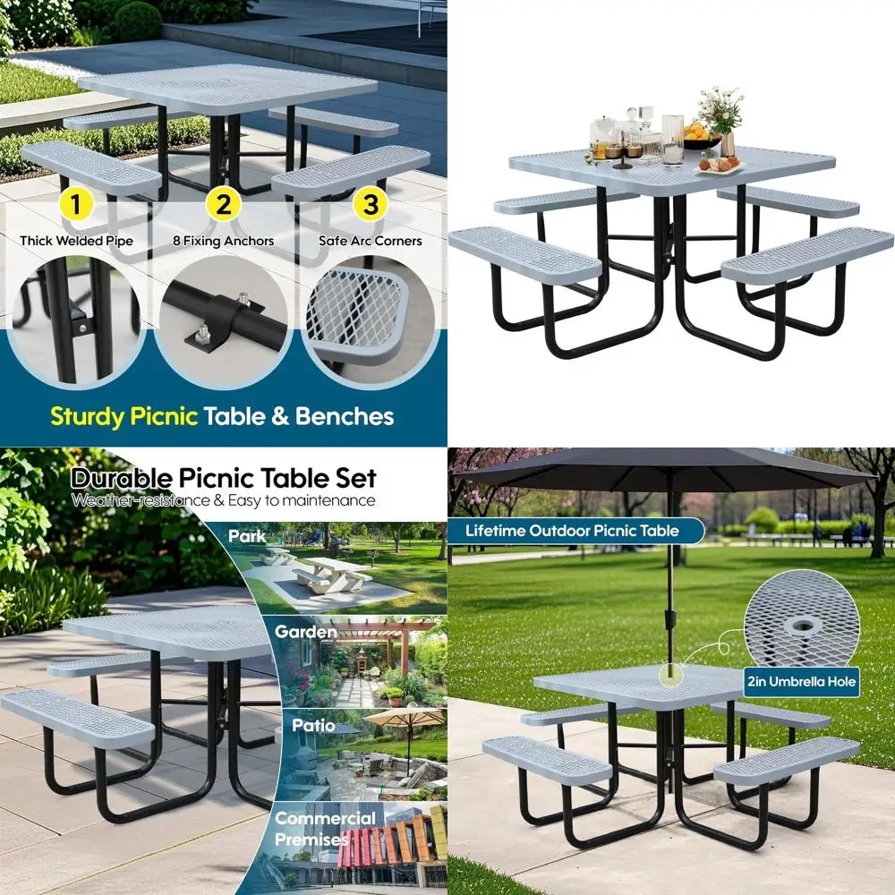 

8-Person Picnic Tables or Outdo, Industrial 46" Expd Metal Square Picnic Table with 4 Benches & Umbrella Hole, Outside Table and
