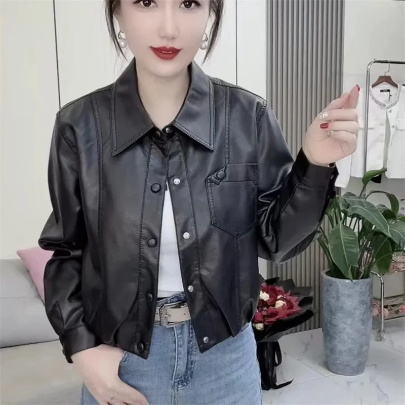 High Quality Fashion PU Leather Jackets Women's New 2026 Spring New Outwear Temperament Slim Overwear Washed Leather Coat Ladies 6