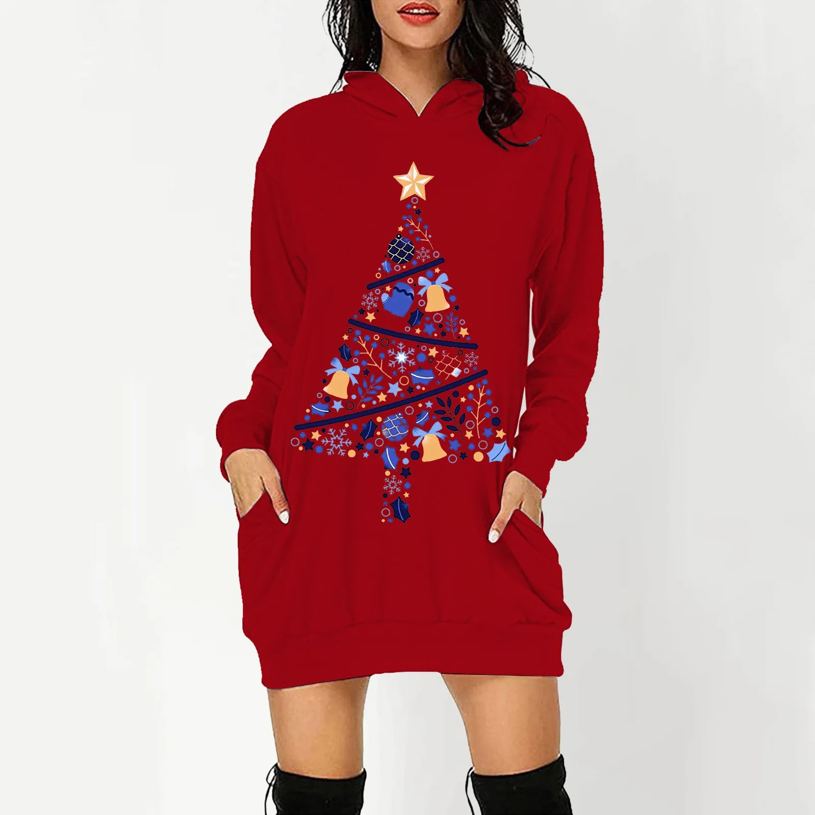 Fun Wine Glass Printed Christmas Tree Mini Dress Women Loose Casual Hooded Dresses Long Sleeved Autumn Hip Wrapped Pocket Dress