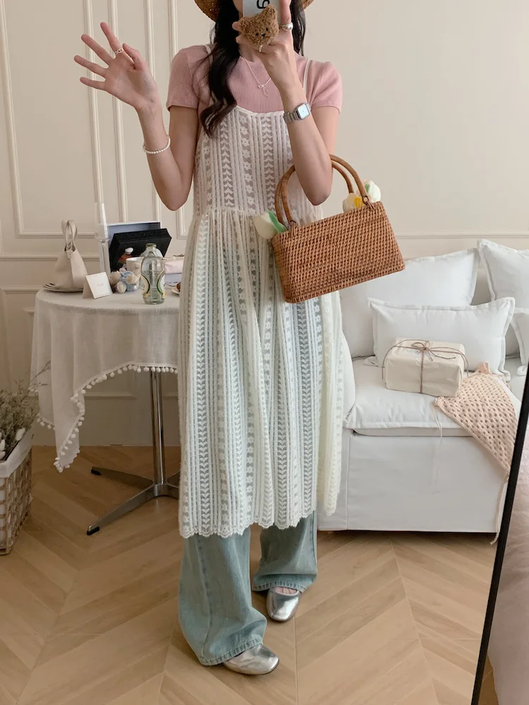 Women Sleeveless One-piece Dress Summer Clothes 2024 New Chic Korean Popular Style Female See Through White Lace Cami Dress