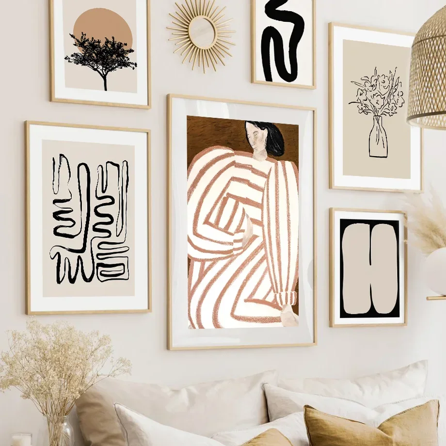 Póster de Arte Minimalista con Líneas Abstractas Beige y Rayas, Impresión en Lienzo para Decoración Moderna del Hogar, Sala de Estar