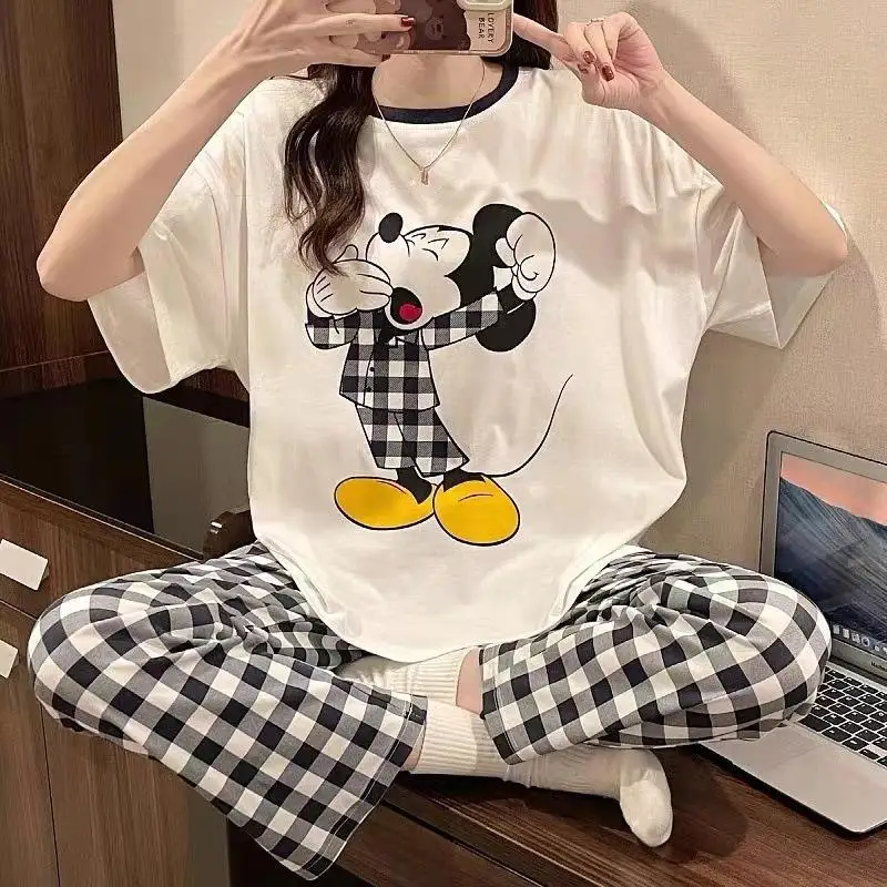 Kawaii Cute Snoopy Sanrio Hellokitty Pooh Bear Minnie Pajamas Short Sleeved Pants Set Cartoon Home Wear Soft Girl Birthday Gift