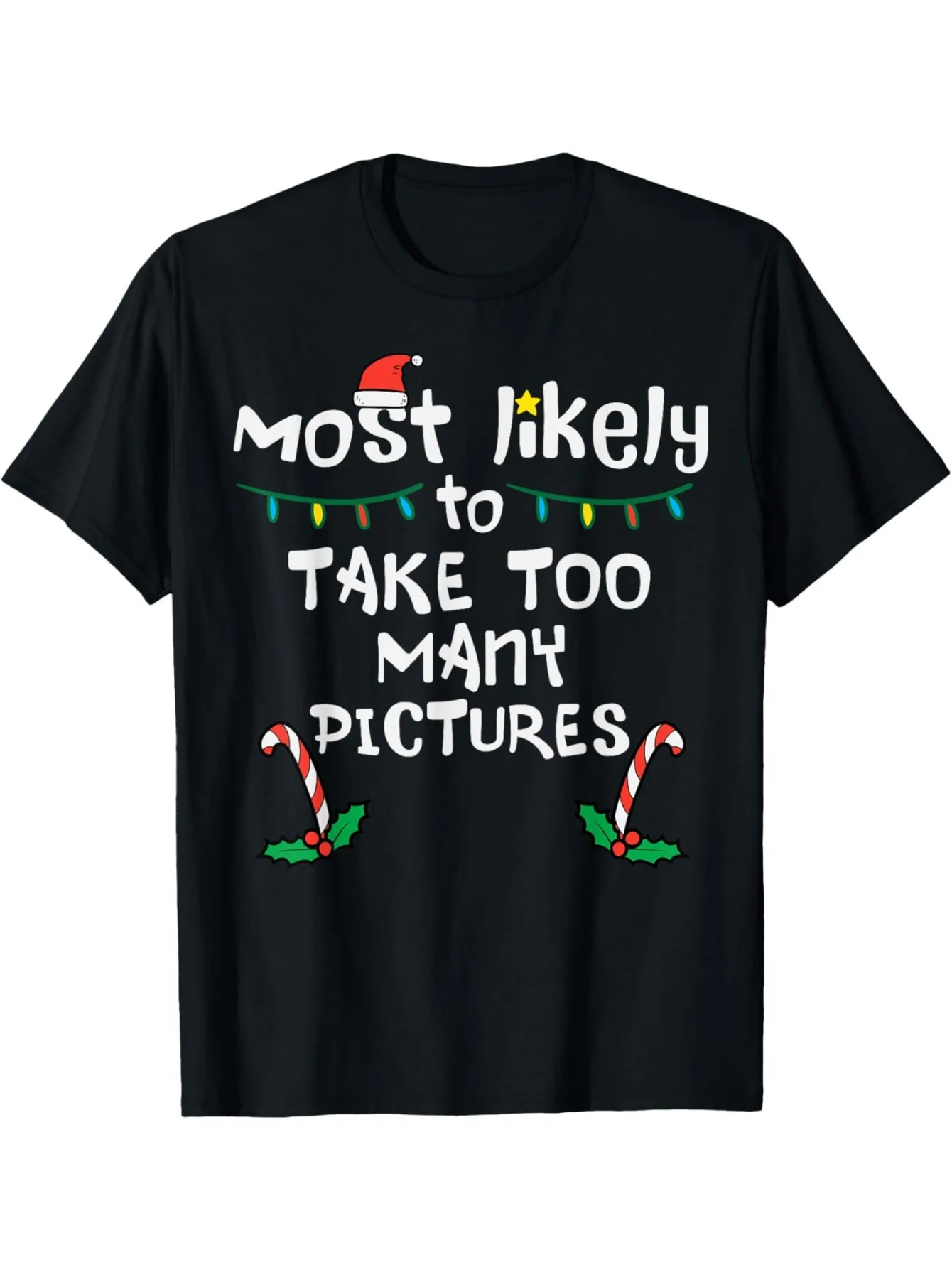 Funny Men's Black Graphic T-Shirt Camera Humor Slogan Santa Hat Holiday Lights Candy Cane Holly Festive Typography 100% Cotton Heavyweight Short Sleeve Casual Streetwear Tee