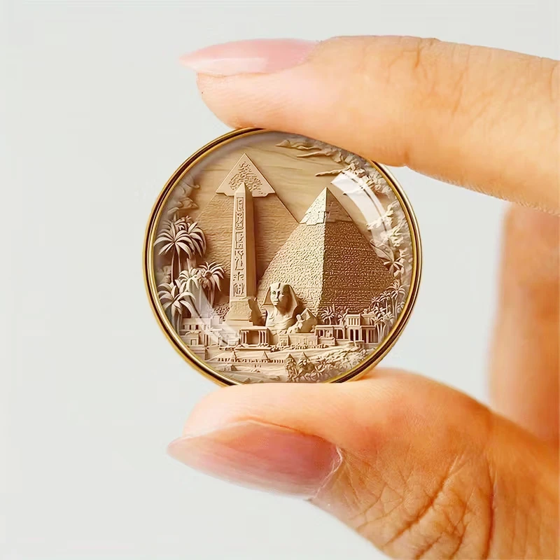 Vintage Egyptian Landmark Brooch Pin Golden Egypt Pyramid Sphinx 3D Relief Badge Fashion Jewelry Gift for Travel Lovers Souvenir