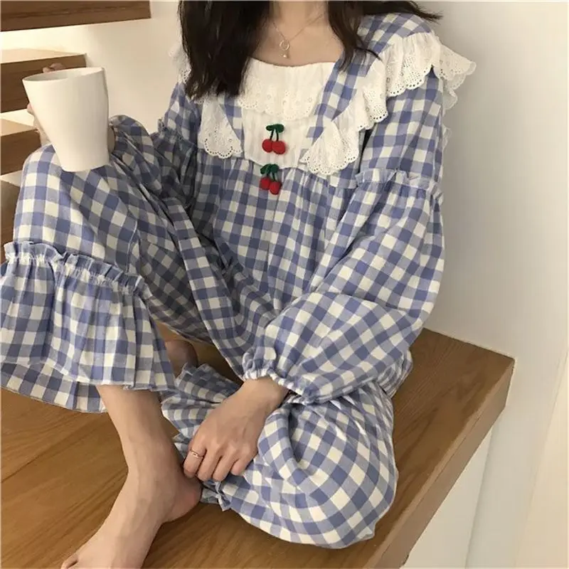 Plaid Sleepwear Women Pajama Sets Lace Piiama Autumn Pants Sets for Women 2 Pieces Long Sleeve Night Wears Cherry Home Suit New