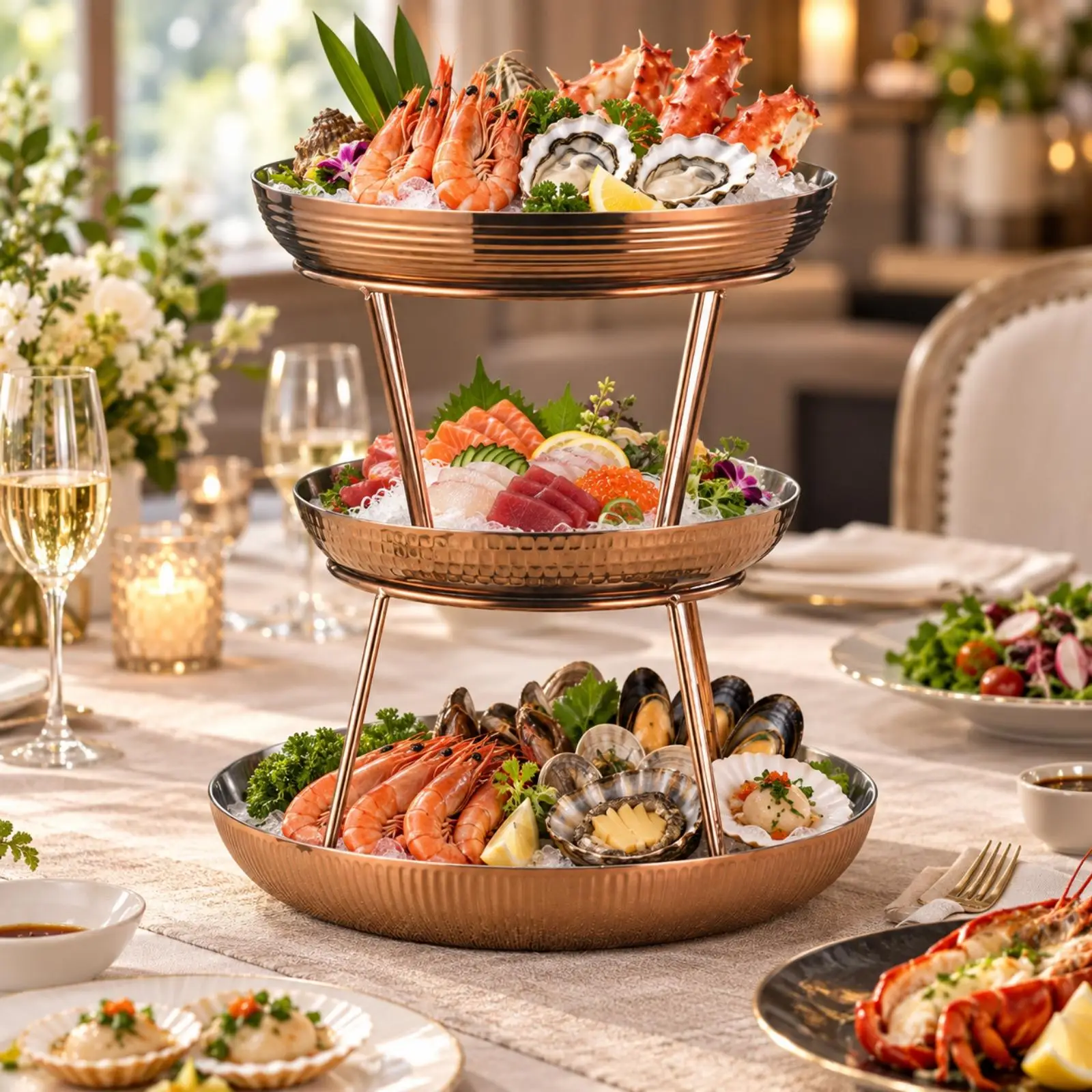 Stainless Steel Seafood Serving Tray Rack Easy to Clean Multi-Level Serving Tray Rack with Round Trays Elevated Steel Serving