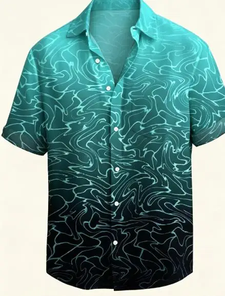 Men Short Sleeve Shirt Gradient Contour Topographic Line Print Turn‑Down Collar Button‑Up Beach Summer Top