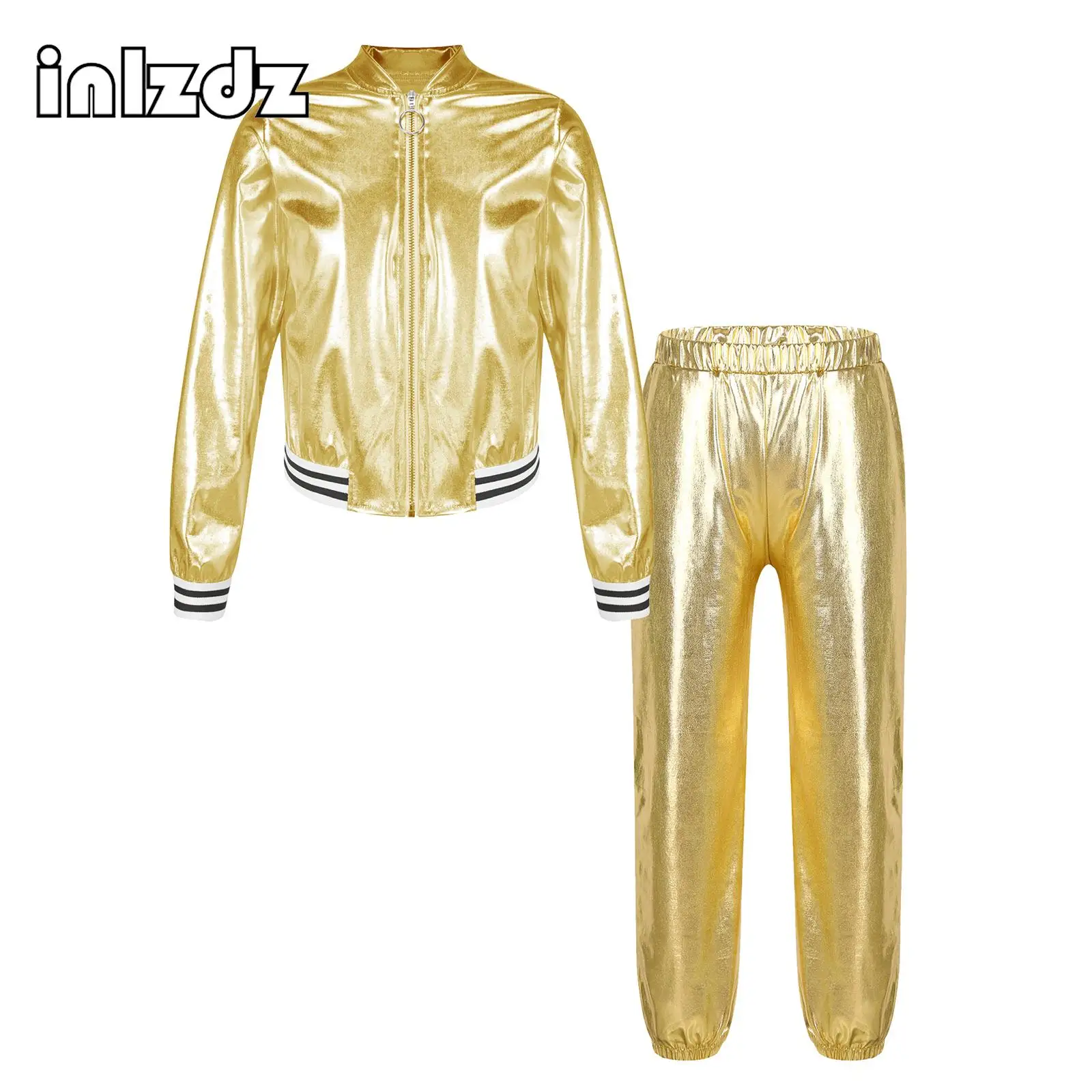 

Kids Girls Metallic Silver Gold 2 Pcs Dance Outfit Holographic Bomber Jacket Zipper Coat with Harem Pants Jazz Hip-hop Dance Set