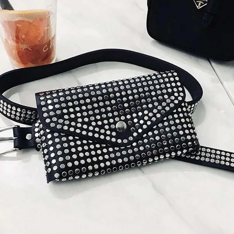 *ABKM Fashion Rivets Waist Pack Luxury Designer Fanny Pack Small Women Waist Bag Phone Pouch Punk Belt Bag Purse(Black)