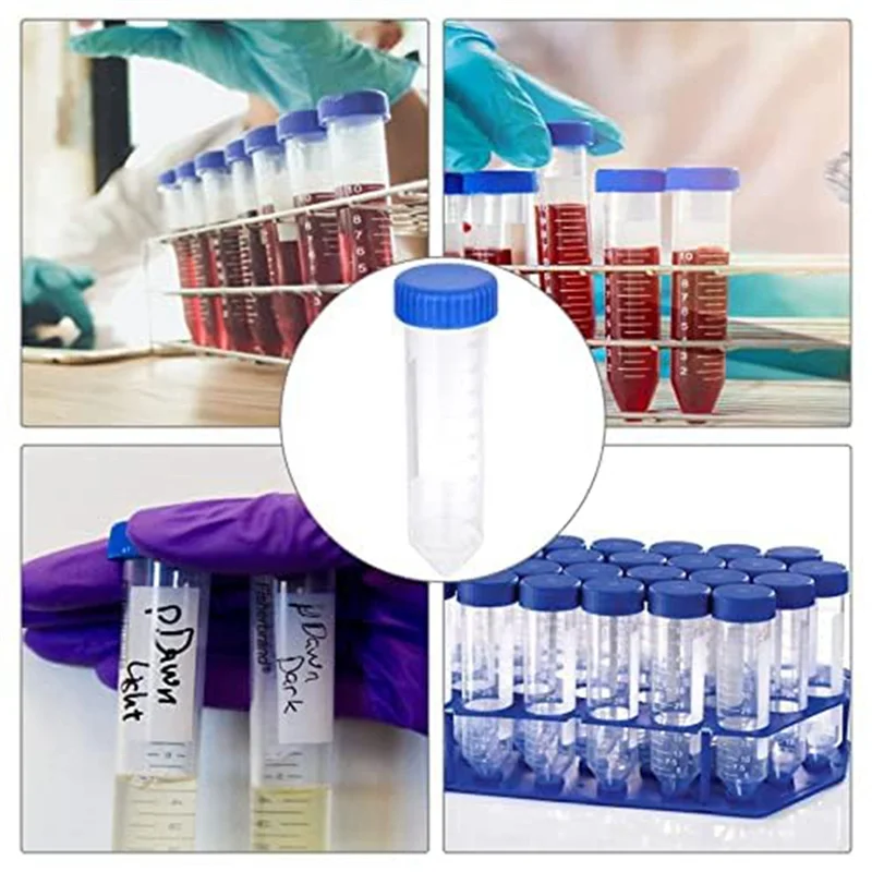 

100 Pack 50 Ml Conical Centrifuge Tubes Transparent Plastic Write-On Spots And Blue Screw Caps