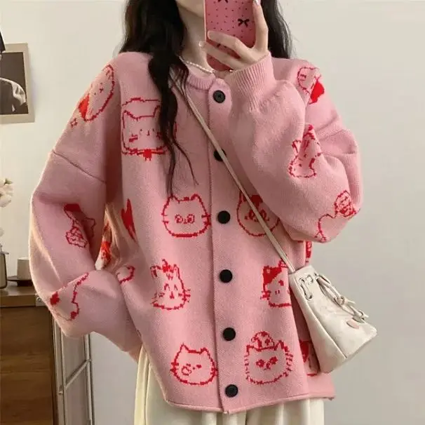 Oversize long-sleeved sweater for women 2024 new autumn loose belly-covering cardigan top cartoon cat sweet sweater coat