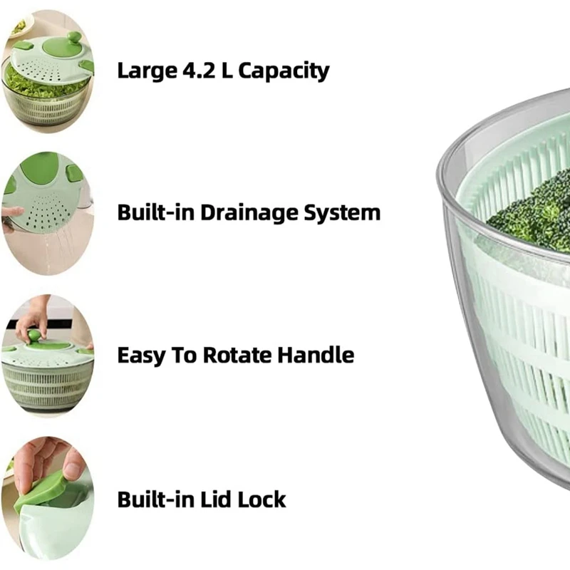 4L Kitchen Vegetable Dryer, Salad Washer With Safety Lid Lock And Swivel Handle