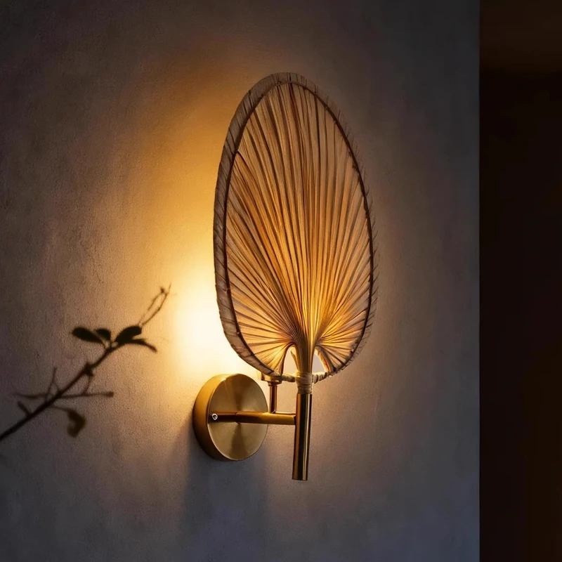 

Japanese Retro Zen Art Rattan Wall Lamps LED Southeast Asia Palm-leaf Fan Wall Mounted Living/Tea Room Restaurant Bedroom Studio