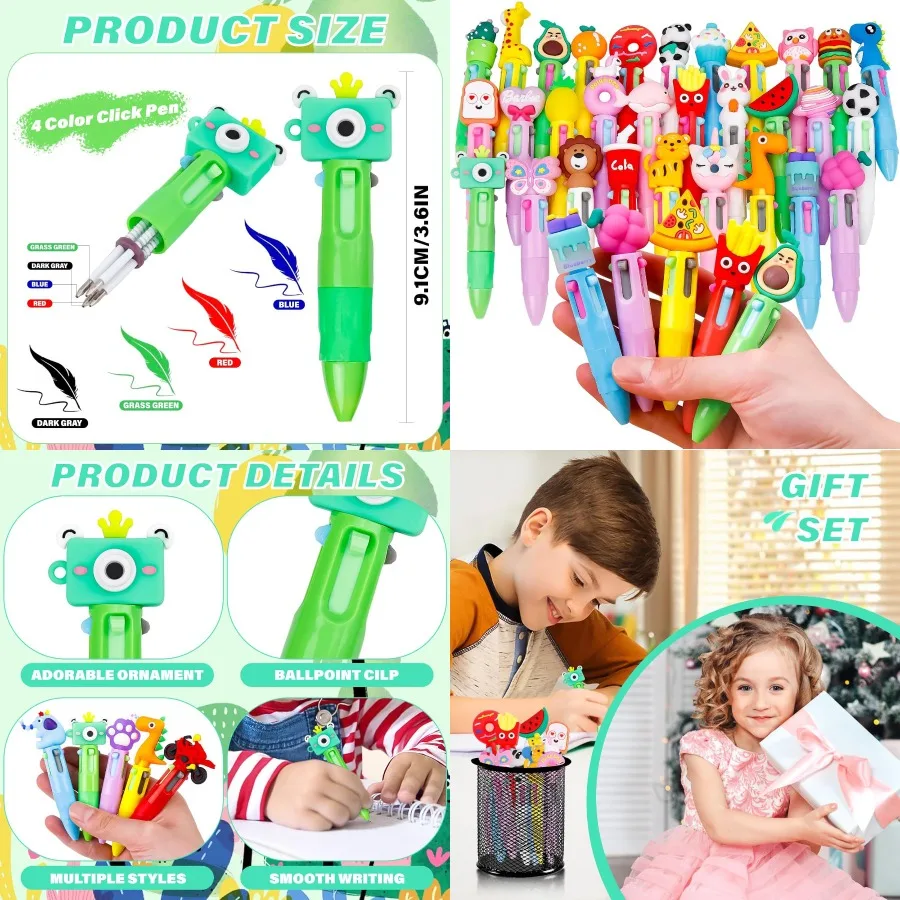 

24 Pcs Mini Multicolor Pens in One 4-in-1 Fun Cute Animals Pens Bulk for Retractable Kawaii Cool Cartoon Ballpoint Pens for Bir