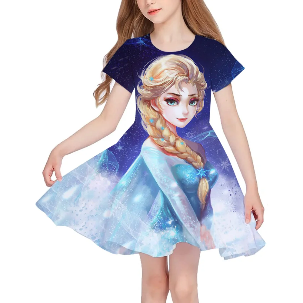 

2026 New Summer Girls Queen Elsa Dress Fashion Cartoon Cute 3D Printing Dress Kid Short Sleeve Princess Frozen Clothing