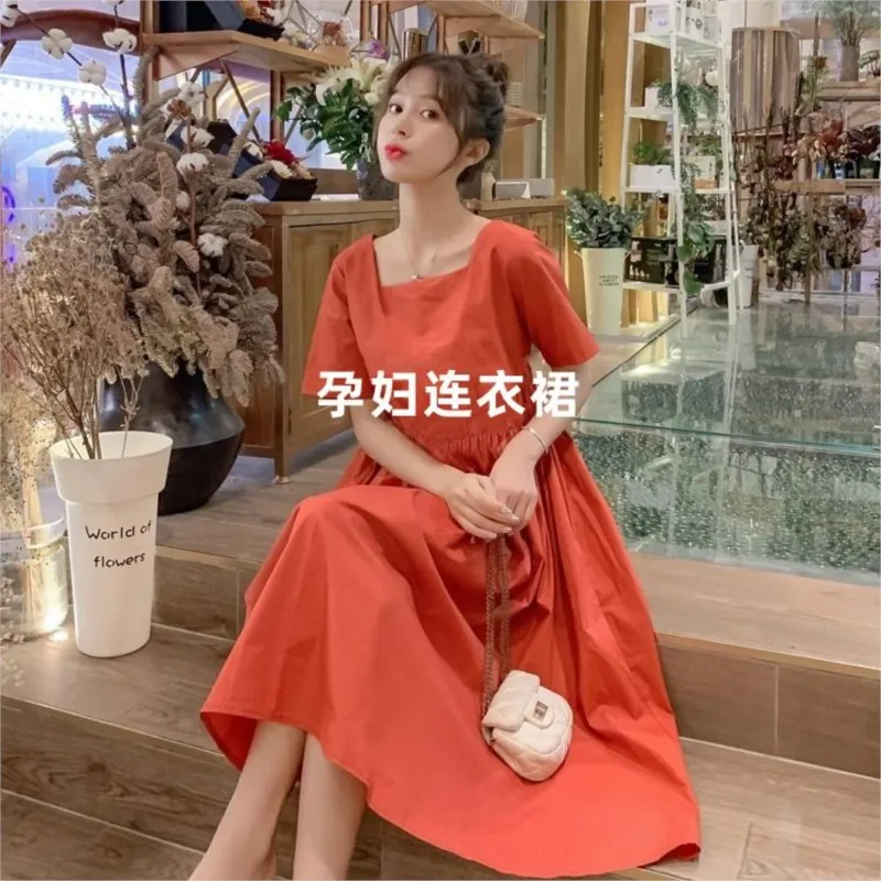 Maternity Dress Spring/Summer 2023 New Arrival Maternity Dress Solid Color Long Dress Cotton Short Sleeved Maternity Dress LE955