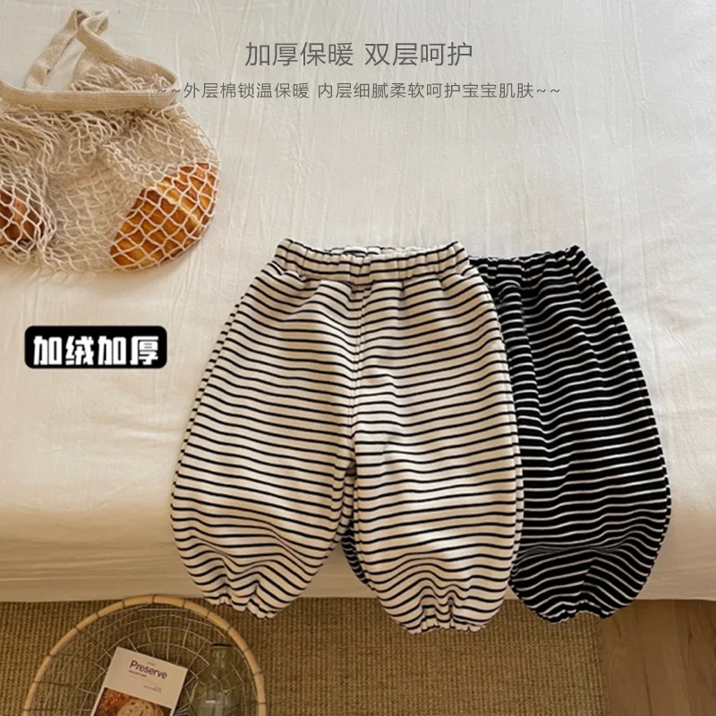 

Jenny&Dave Baby clothes casual plush thickened long pants for children striped PP pants for boys and girls baby warm pants autum