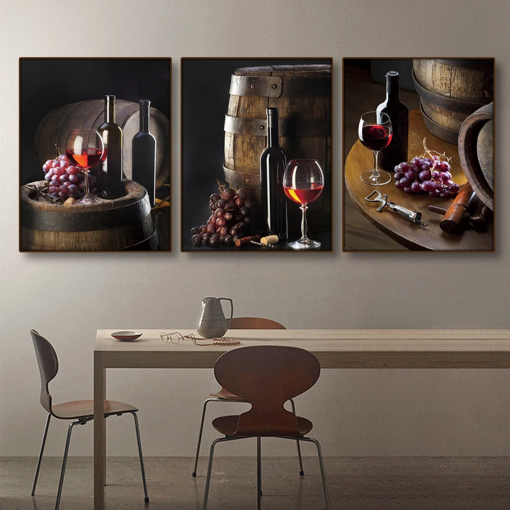 Kitchen Bar Red Wine Grape Beer Wall Art Canvas Painting Still Life Nordic Poster Wall Pictures Decor For Living Room