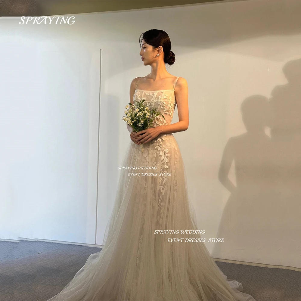 

SPRAYING Simple A Line Wedding Dress Korea Photoshoot Soft Tulle Floor Length Bridal Gown Spaghetti Straps Bridal Dresses