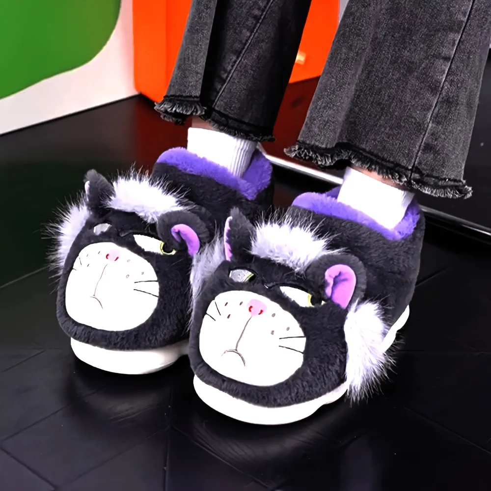 ZUOFU Unisex Frowning Cartoon Cat High Top Plush Slippers Autumn Winter Non-Slip EVA Sole Warm Ankle Indoor Cotton Slippers