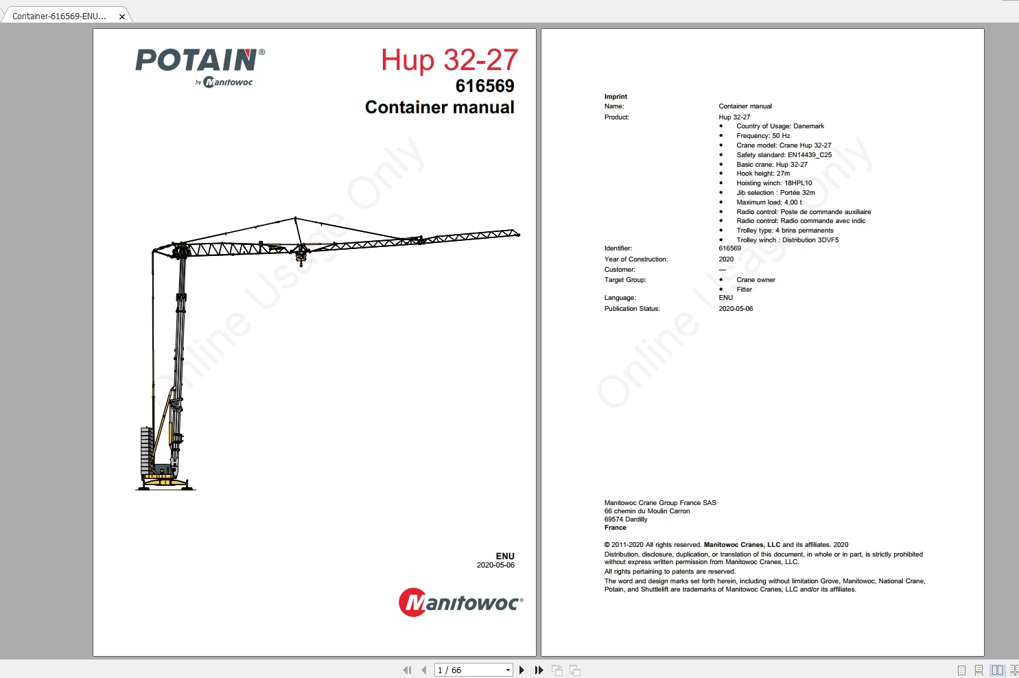 Manitowoc Potain Tower Cranes All Models 2021 Updated 12.2020 Operator's and Maintenance Manuals PDF DVD