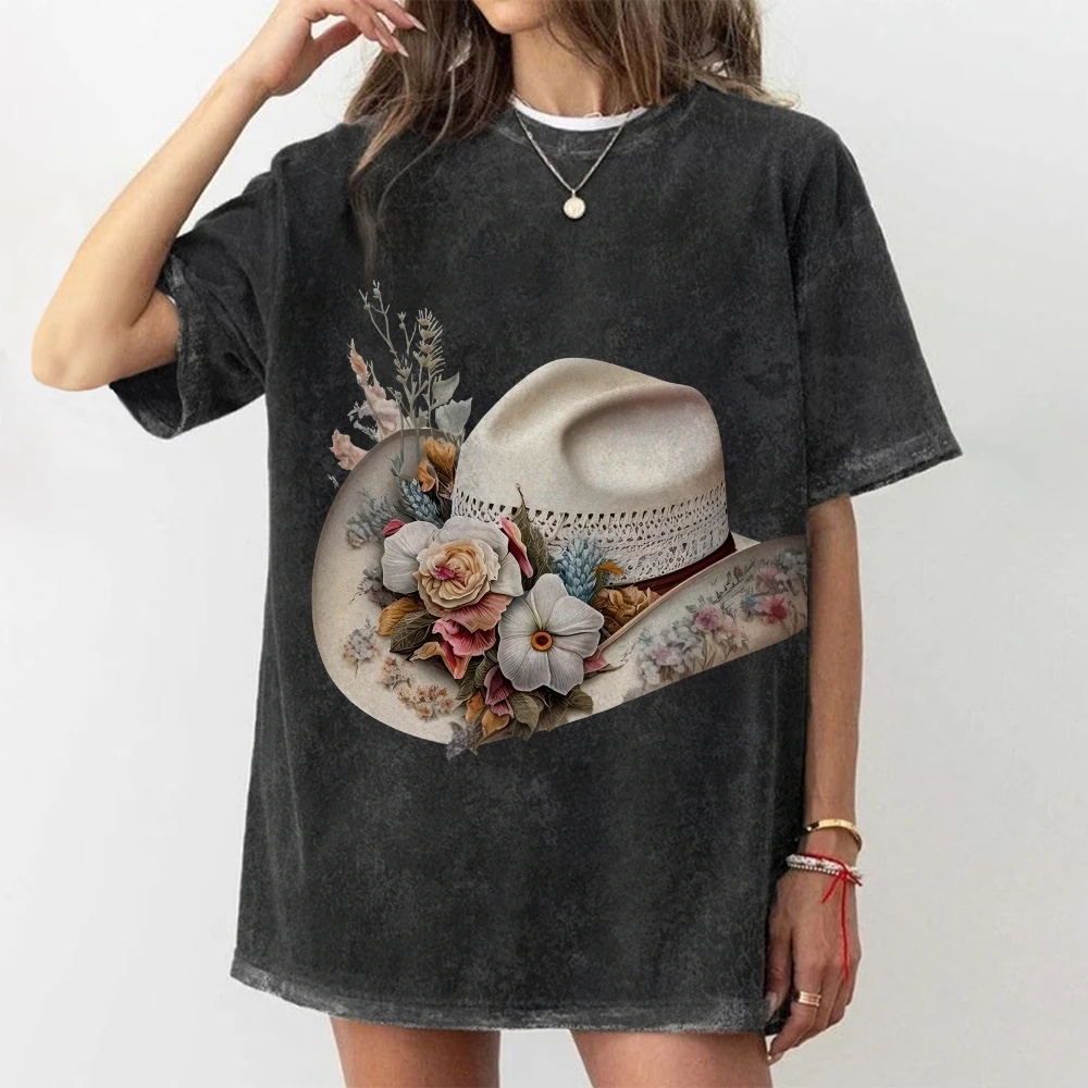تي شيرت برسومات Y2K، قبعة على الطراز الغربي مع طباعة لهجات الأزهار، قماش ريفي وأنيق، قماش ناعم لراعي البقر - مظهر كاجوال مستوحى