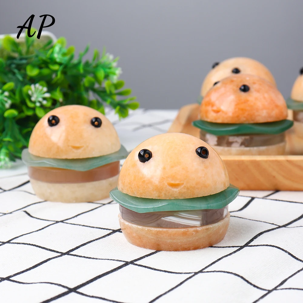 1pc Natural Quartz Hand Carved Yellow Jade Crystal Hamburger Statues Aventurine Crystal Crafts Home Decoration