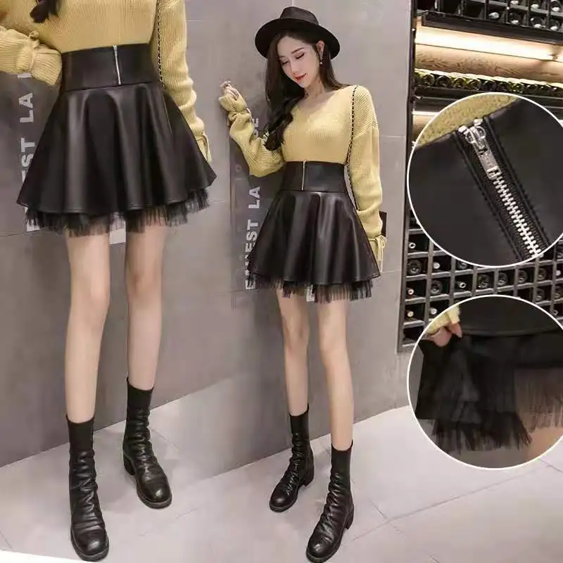 

Sweet Cool PU Leather Skirts High Waist Skirt Women's Sle 2025 Autumn New Lace Knot A-Line Princ ort Mini Short Skirt Nightclub