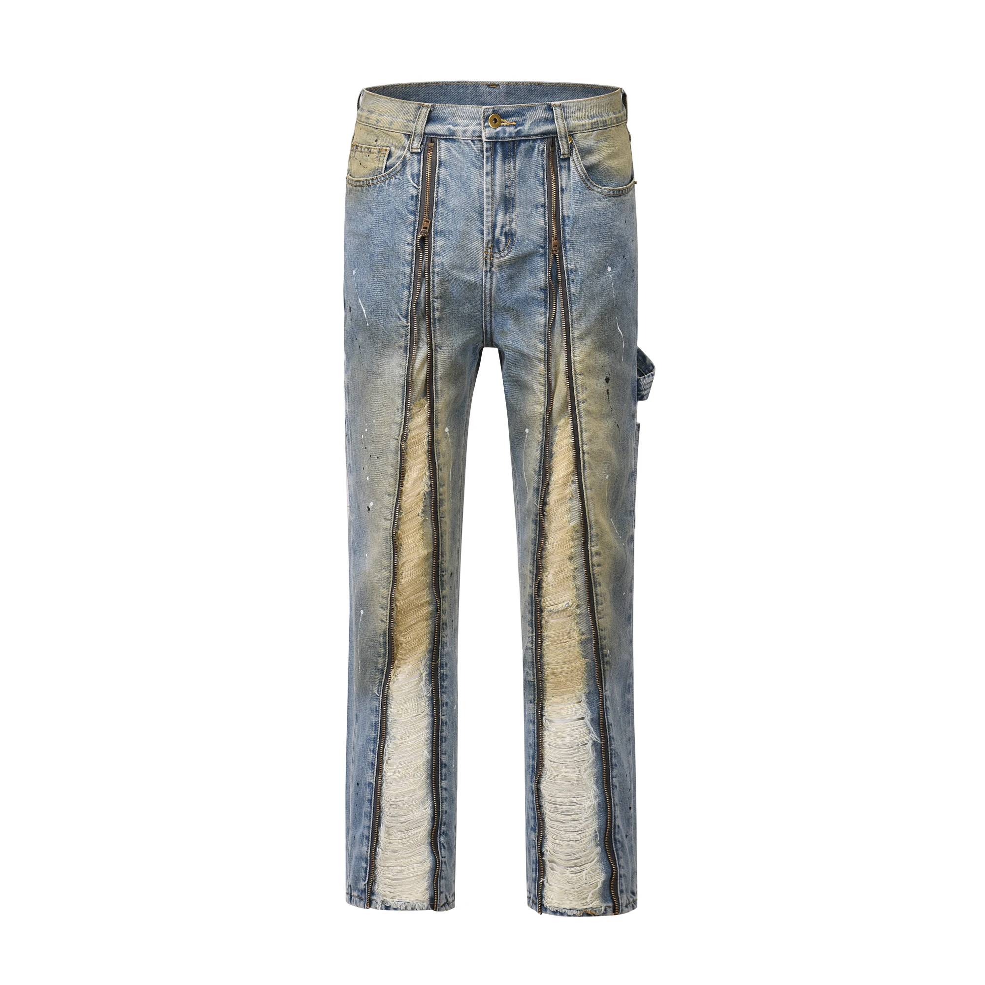 

Front Zipper Hole Distressed Washed Vintage Men's Jeans Pants Harajuku Y2K Straight Ink Painted Baggy Denim Trousers Oversized