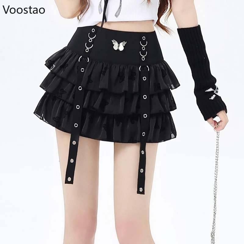 Gothic Y2k Lolita Cake Skirts Women Fashion Casual Butterfly Print A-Line Mesh Mini Skirt Female Vintage Punk Fluffy Short Skirt