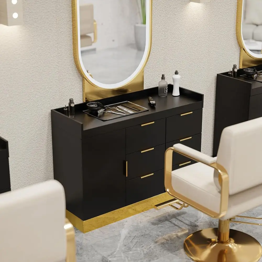 محطة حلاقة أنيقة مع 6 أدراج وخزانة تخزين لصالونات التجميل، لمسة نهائية باللون الأسود والذهبي #2