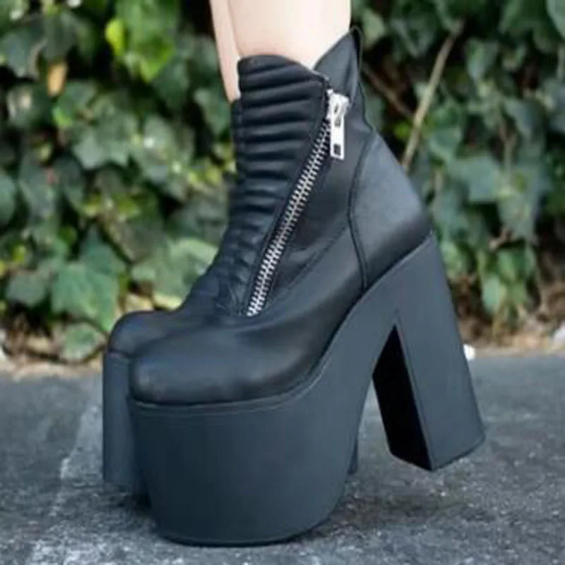 Punk Black Matte Leather Platform Ankle Boots Women Cosplay Ruchled Upper Side Zipper Chunky Block High Heel Lolita Short Boots