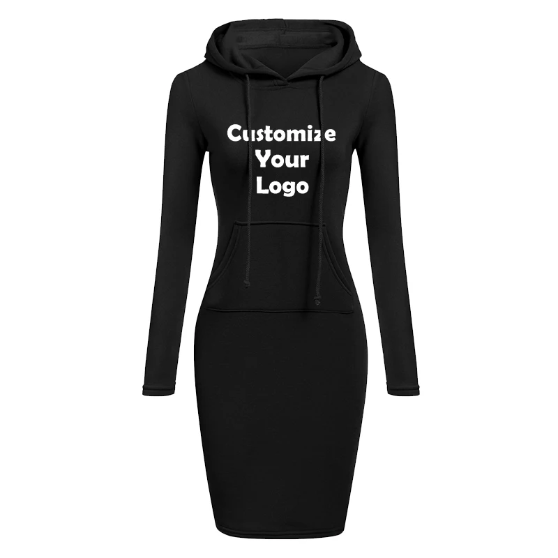 Customized Autumn Winter Fashion Sweatshirt Dresses for Women Pocket Hooded Casual Dress Solid Color Long Sleeve Mini Dress