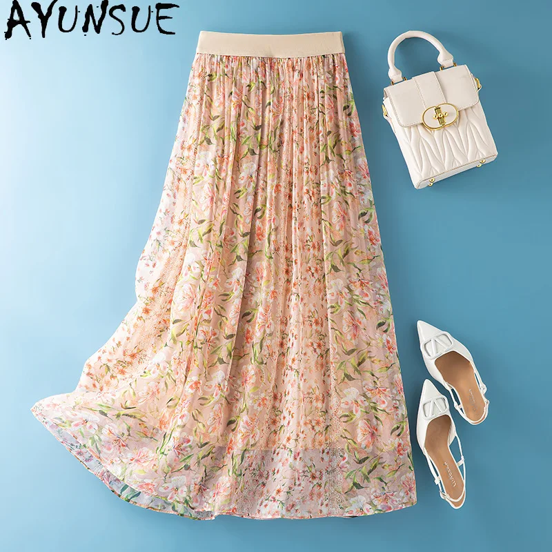 AYUNSUE Natural Silk Women's Skirts Elegant Floral Skirts 2026 Woman Vacation Style A-line Skirt Summer Clothes for Woman Юбка