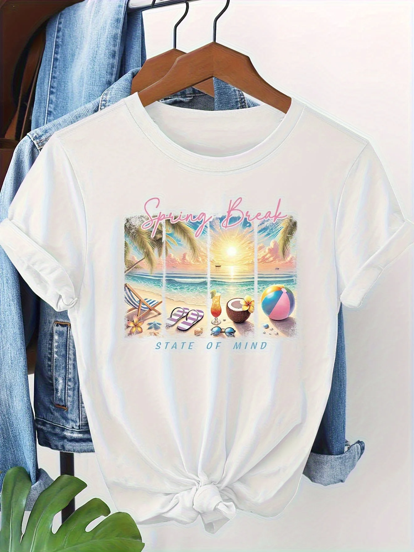 

Spring Break Graphic Print T-shirt, Short Sleeve Crew Neck Casual Top For Summer & Spring, Women's Clothing