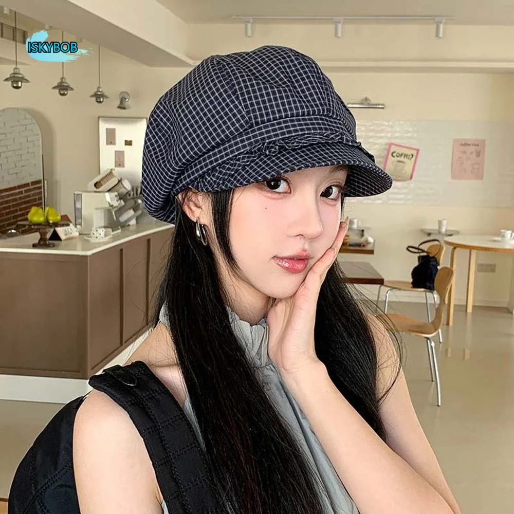 

Solid Color Fine Plaid Beret Korean Style Big Head Circumference Ruffle Octagonal Hat Sunscreen Versatile Women Artist Hat Girls