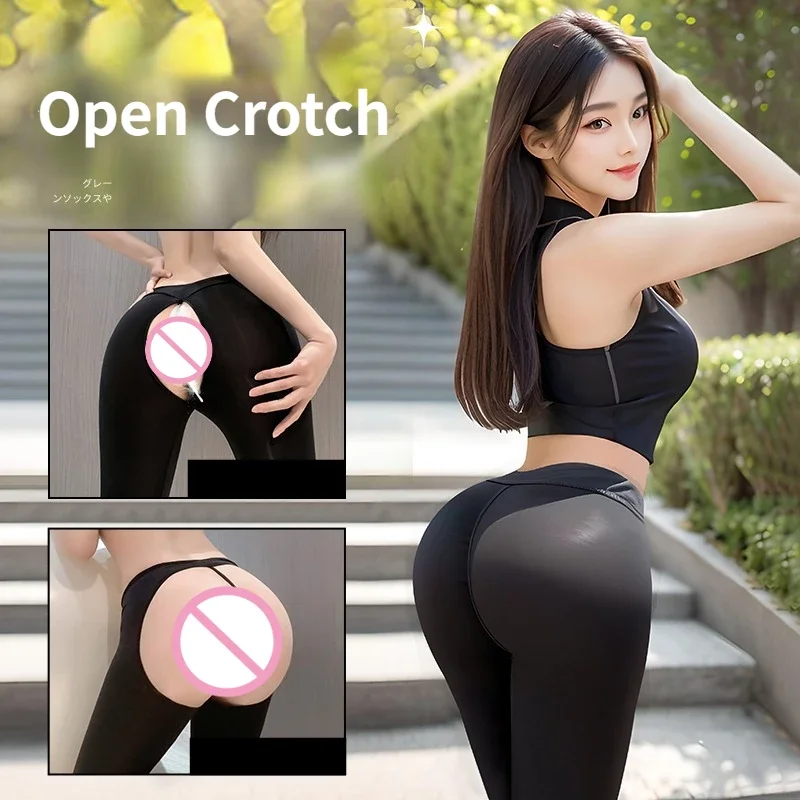 Woman Open Crotch Leggings with Double Hidden Zippers Erotic Crotchless Panties Super Thin Nylon Push Up Hollow Underwear Adult