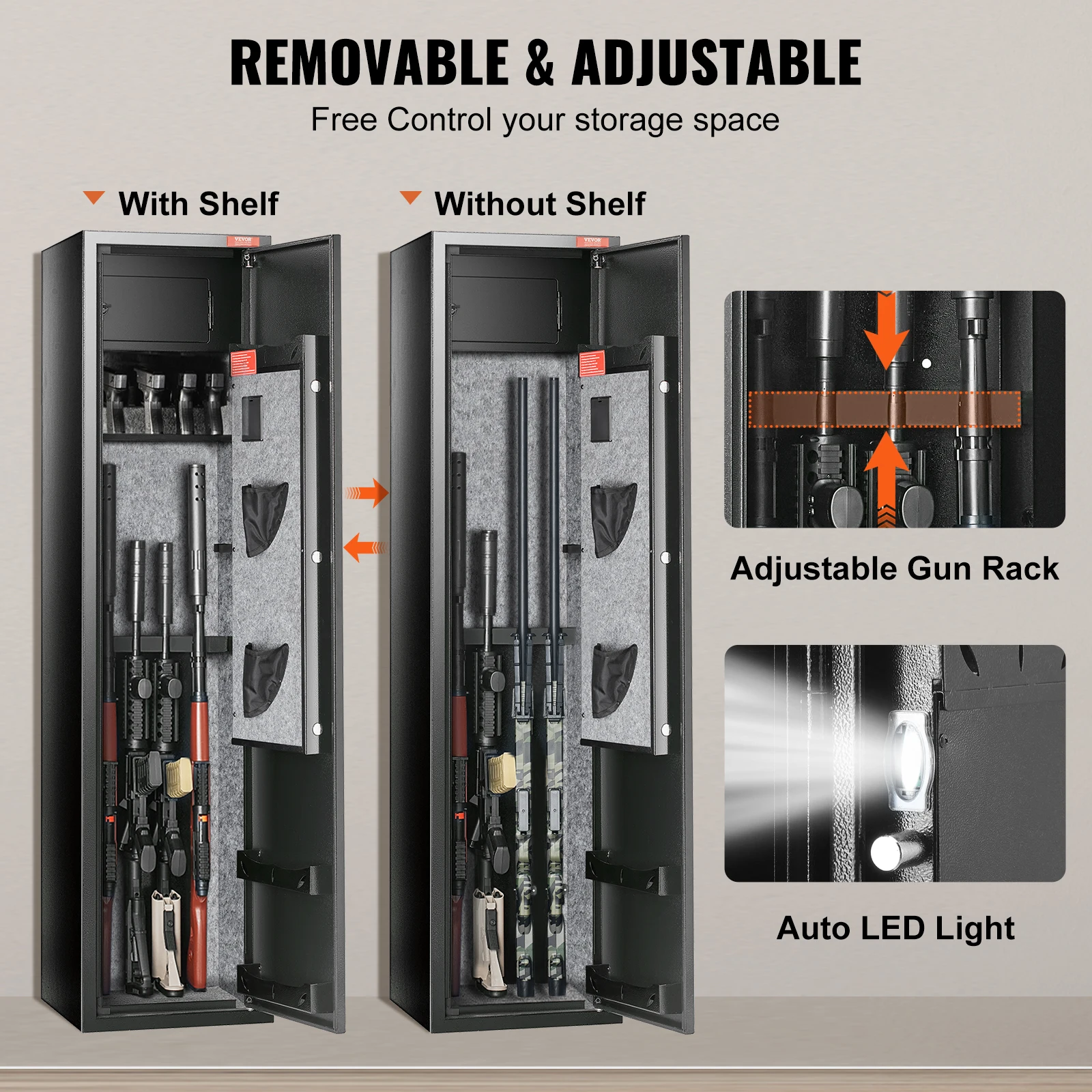 VEVOR Caja fuerte para pistolas de 3-8 rifles con teclado digital y gabinete de almacenamiento para armas con cerradura y estante de almacenamiento extraíble para pistolas largas para el hogar